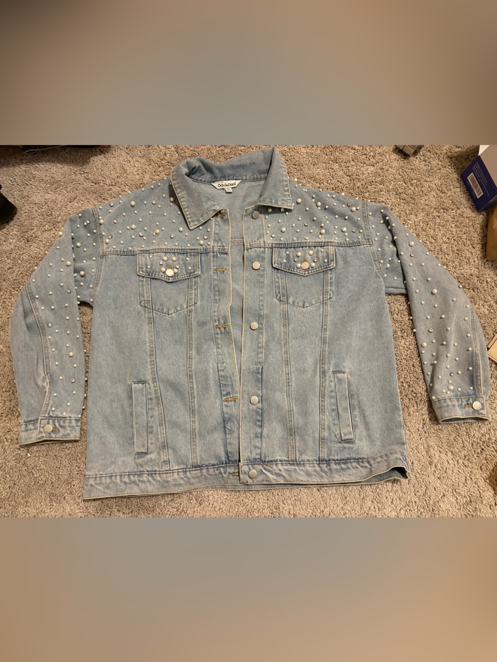Davi & Dani Oversized Embellished Light Wash Denim Jacket with Pearl Studs